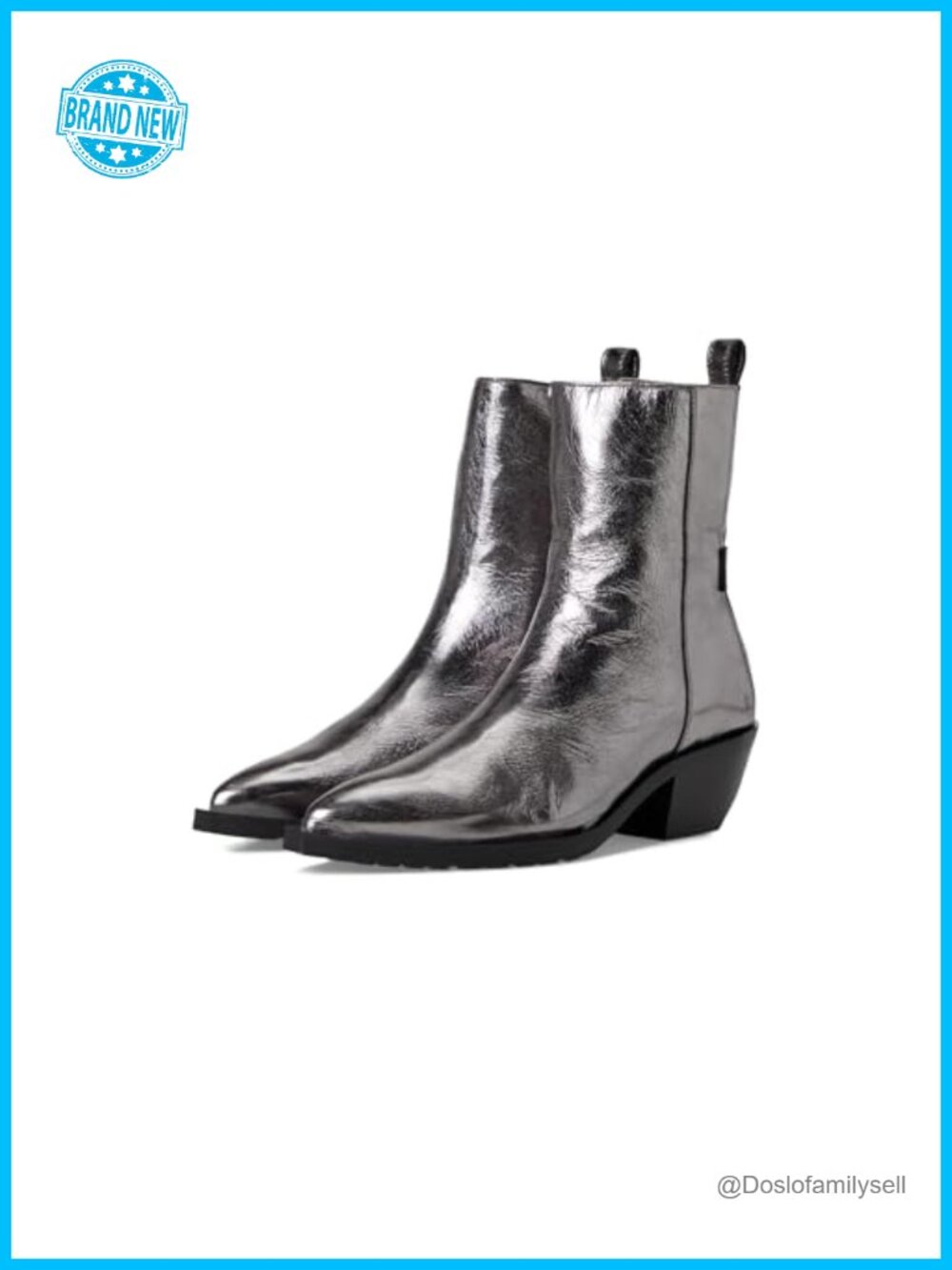 Metallic Leather Pointed Toe Mid-Top Block Heel Bootie Zip Calf High